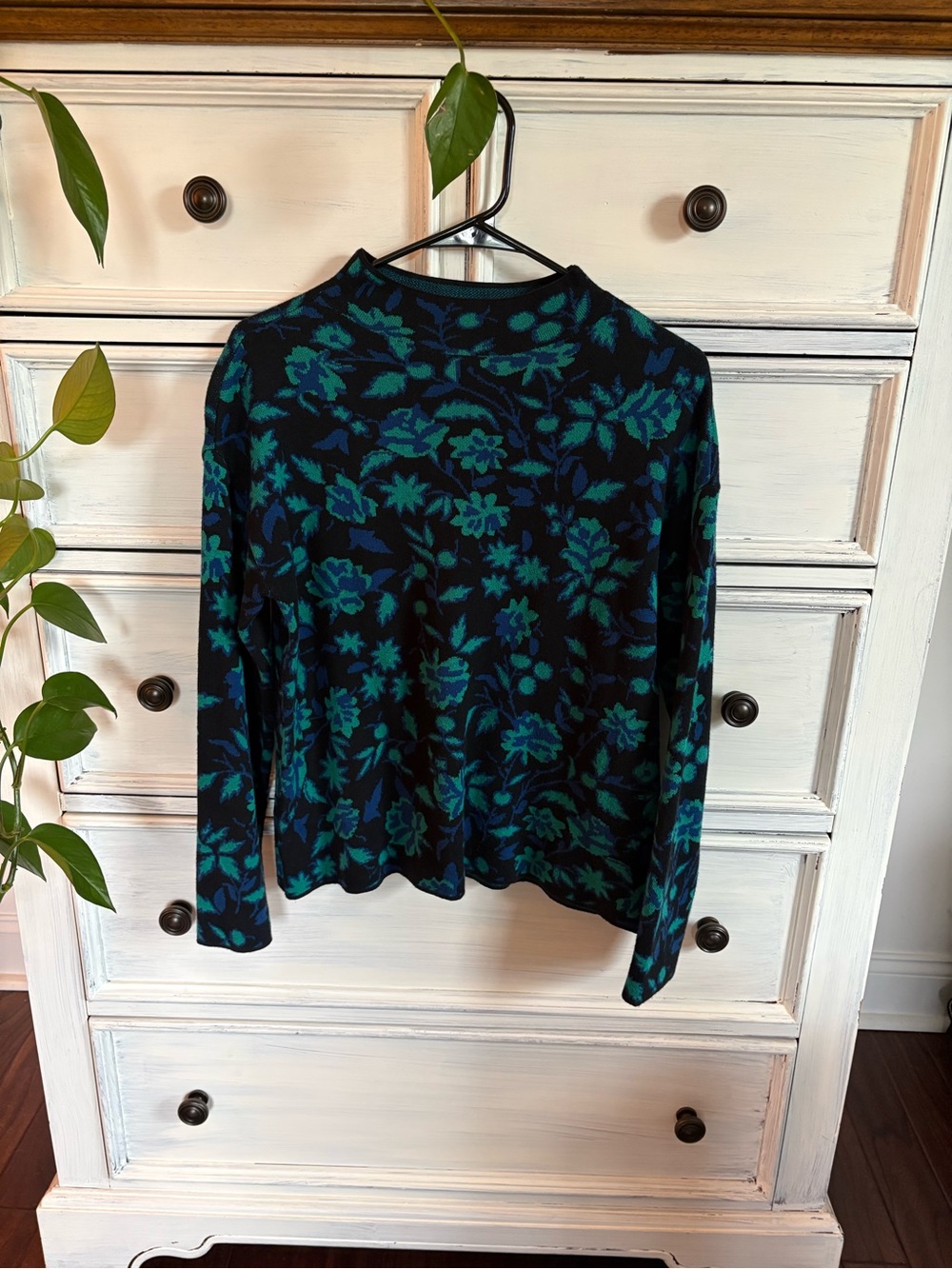 Ann Taylor Black Sweater with Teal Floral Pattern